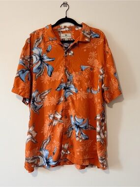 Men’s XXL Island Resortwear Tropical Button Down Shirt Orange Floral Print Rayon